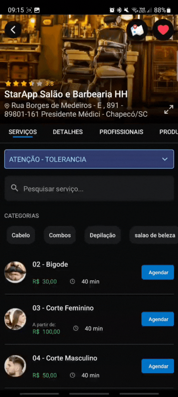 Exibição automática da lista de profissionais