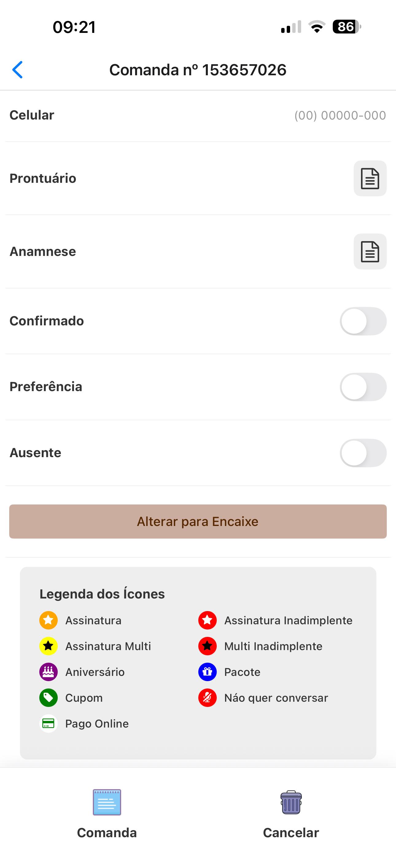 Legenda dos ícones do agendamento